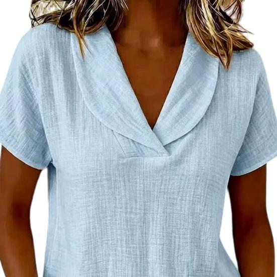 Women V-Neck T-Shirt Short Sleeve Solid Color Summer Blouse Loose Fit Fashionable Collared Casual Tee for Work Party Date Wear