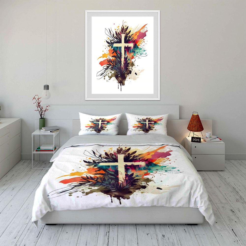 Abstract Cross with Floral Art Bedding Duvet Cover Set Duvet Cover Pillowcases (1*Duvet Cover 2*Pillowcases, Without Duvet Insert)