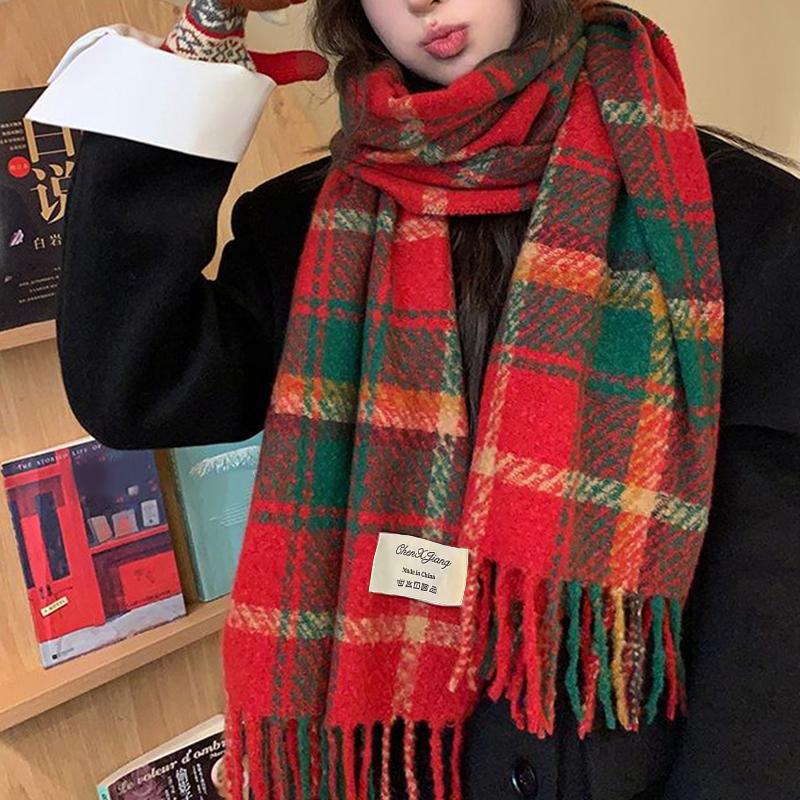 Autumn And Winter  Plaid Scarf For Women Korean Style Versatile Shawl Warm Christmas Wool Neck Scarf