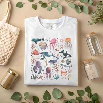 Ocean Animals Graphic T-Shirt Sea Life Illustration Tee Marine Creatures A63