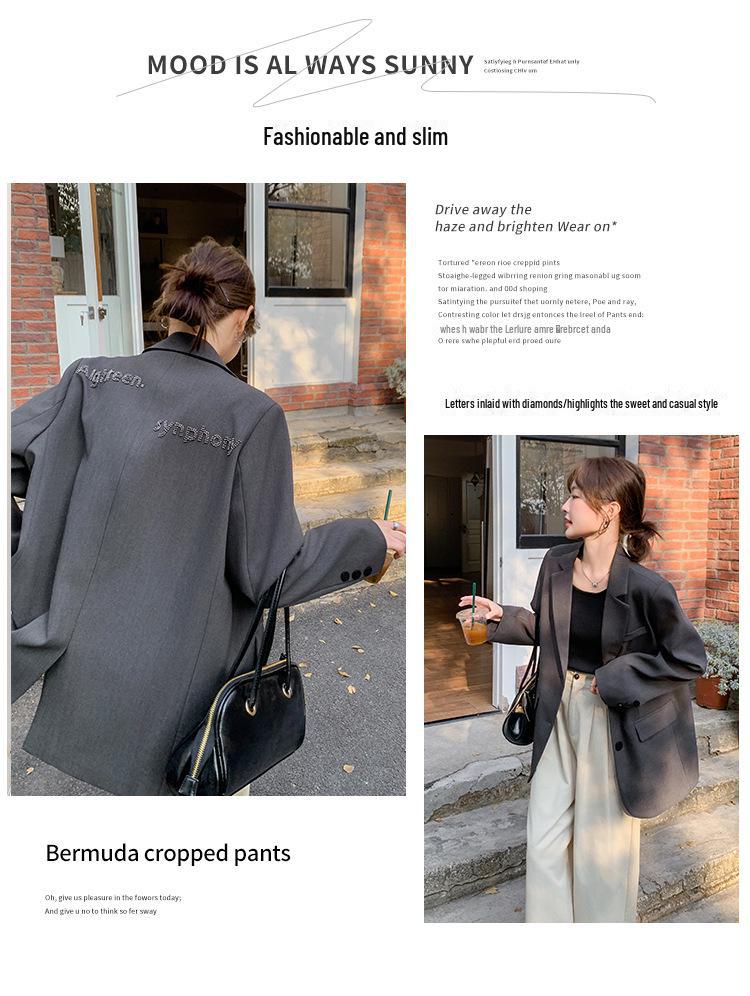 Women's Spring 2025 Fashion Suit Jacket with Rhinestone Lettering - Grey, Casual, All-Match, Loose Fit.