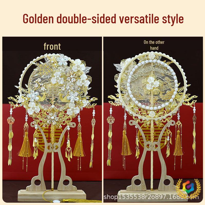 Golden Handmade Chinese Wedding Fan – Bridal Xiuhe Dress Accessory Round Fan 9139