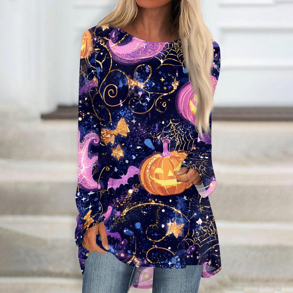 Women's Halloween Printed Long Sleeve Round Neck T-Shirt Mid-Length Casual Top