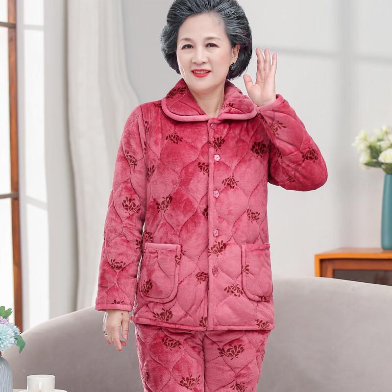 ROMON Women's Elderly Winter Coral Fleece Thermal Pajamas Set