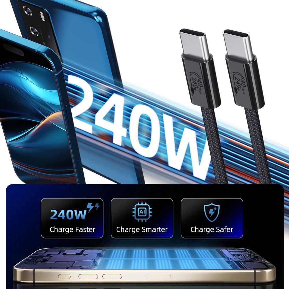 1m USB4 Type C Cable 240W PD Fast Charging 40Gbps High Speed Data Transfer Wire for Laptop/Phone