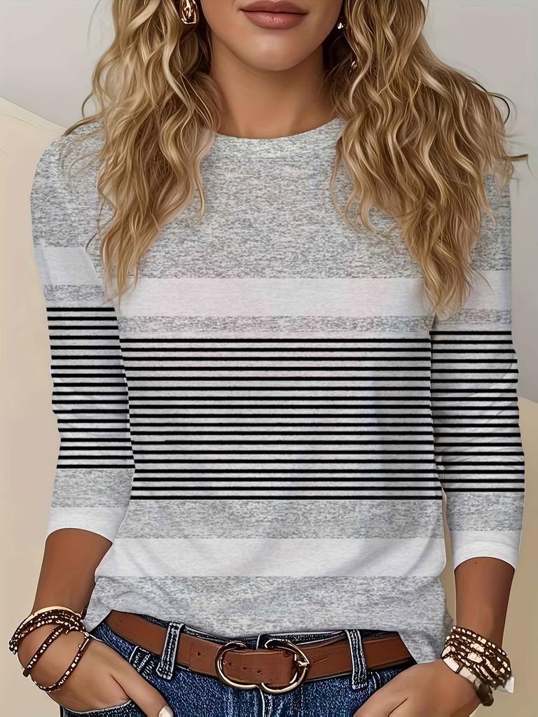Gray and black striped spliced long-sleeved T-shirt, simple casual top, women's T-shirt, women's long-sleeved