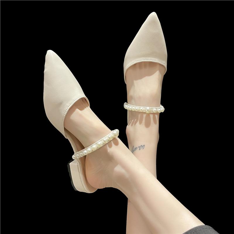 

High heels women s summer 2024 new pointed head half pack thick heel sandals women s bag head low heel light mouth versatile slippers 34