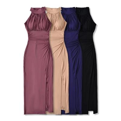 Scharfes American Girl Neckholder-Kleid mit gepolstertem Bustier: Sexy Taillenbetontes Bodycon-Kleid mit fließenden Ärmeln & Falten, Schlitz-Langkleid für Herbst/Winter