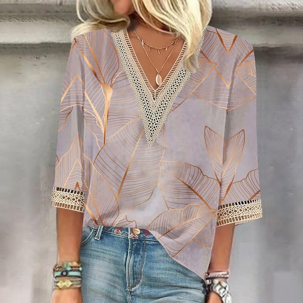 Women's Shirt Blouse Casual Loose Shirts 3/4 Sleeve Lace Print V Neck Tops Print Tops T-shirts Tee