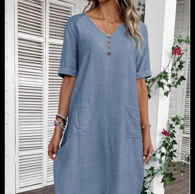 Women V Neck Half Button Midi Dress Short Sleeve Linen Cotton Loose Straight Dress With Pockets Casual Summer Vacation Dress