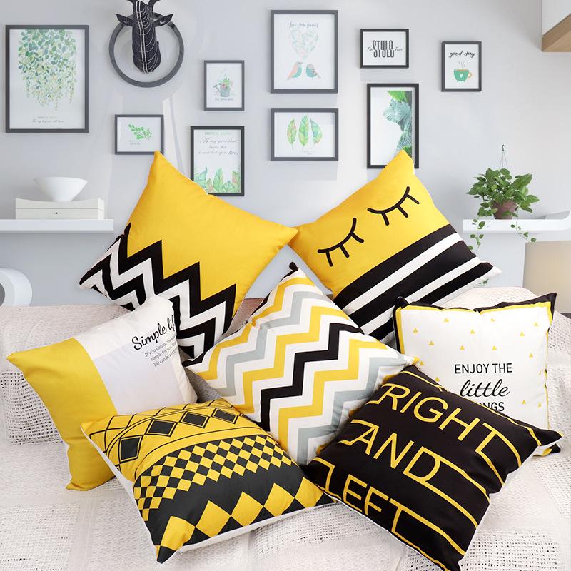 Nordic Modern Yellow Plush Throw Pillow Cover - Single-Sided Print Home Decor Cushion.
