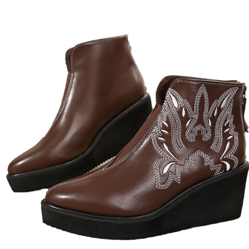 Stora Dams Ankelboots Höst Vinter Nyhet Retro Broderi Retro Korta Läderboots Plattformsdojor