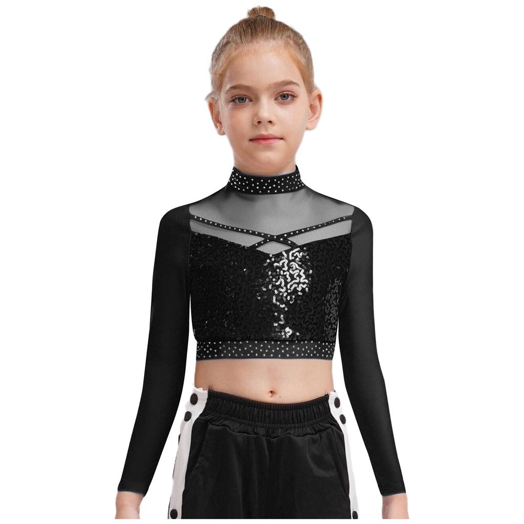 Dziewczęcy Crop Top do Tańca Jazzowego z Wysokim Dekoltem i Długim Rękawem, Przezroczysta Siateczka, Patchwork, Błyszczące Płatki, Kostium na Występ