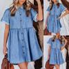 Women Short Sleeve Denim Blue Pocket Casual Summer Flowy Swing  Dress
