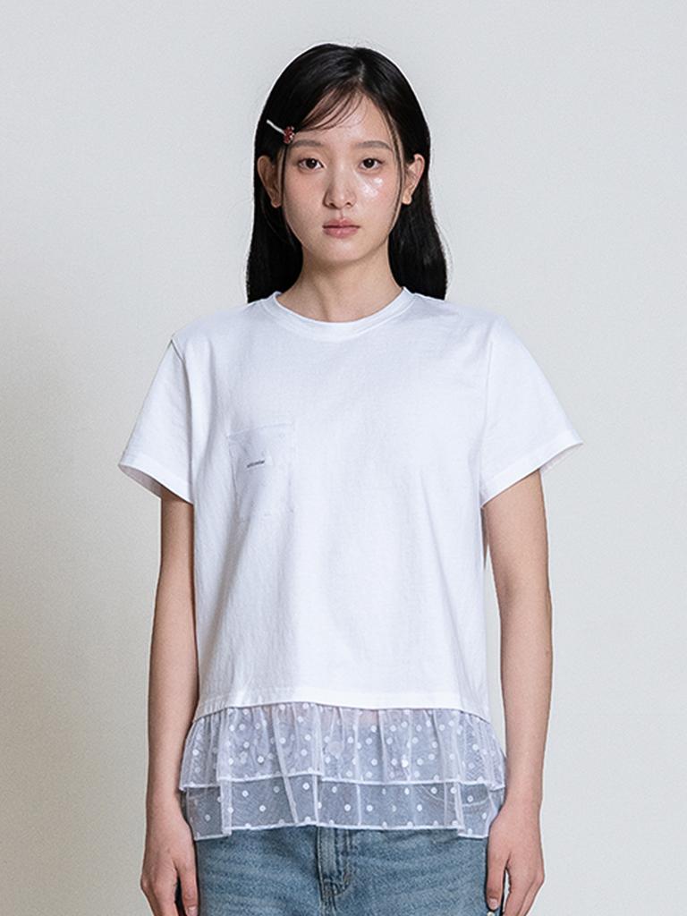 OAFISH Dot Ruffle Pocket T-Shirt, White