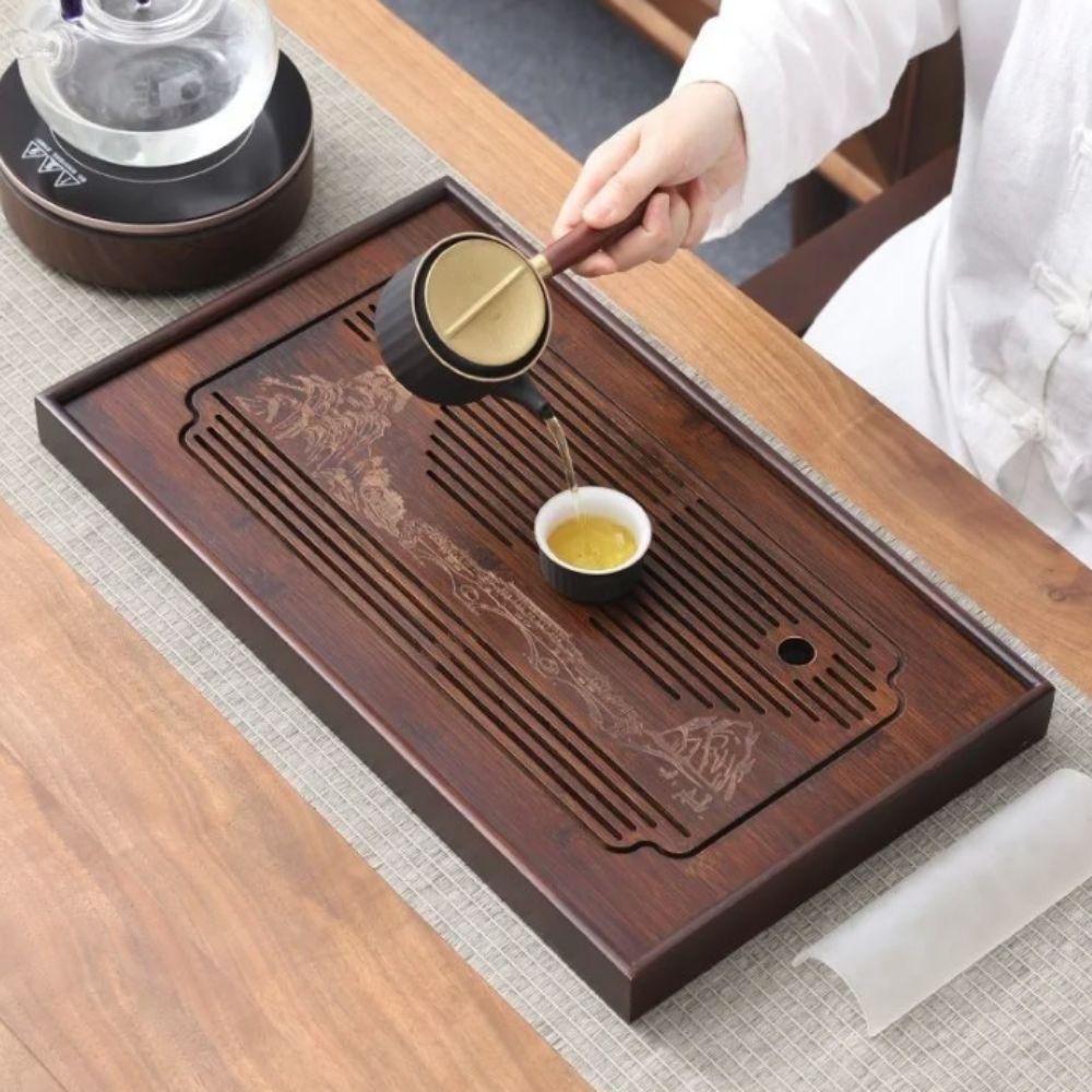 Engrave Pattern Chinese Kungfu Tea Tray Bamboo Drain Tea Table Simple Tea Drainage Board  Office