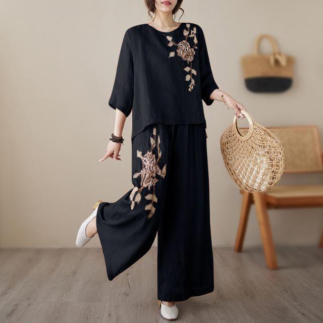 Completo Due Pezzi Estivo Floreale Ricamato in Cotone e Lino Taglie Forti da Donna - Maglia a Pullover e Pantaloni Leggeri