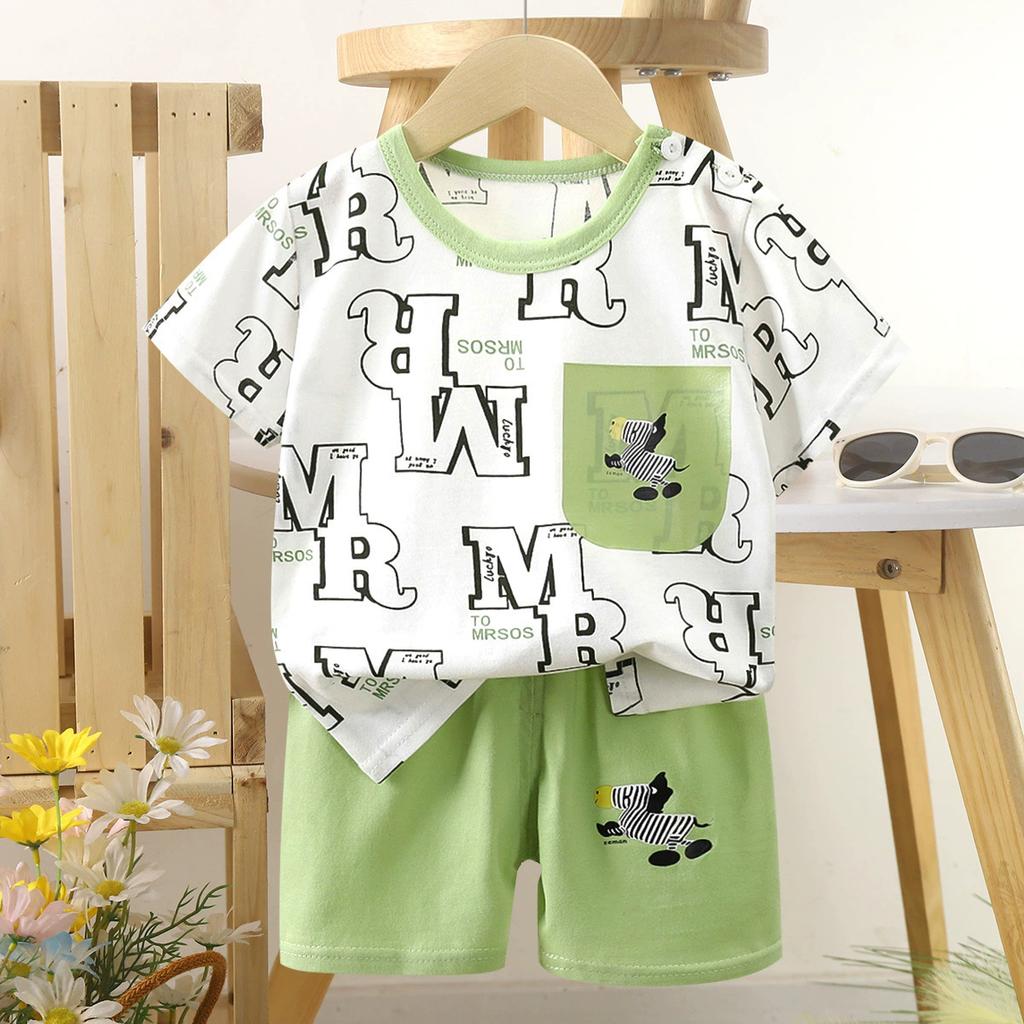 Set di Abbigliamento Estivo per Bambini Set T-shirt a Maniche Corte con Stampa di Animali Cartoni Animati Pantaloncini 2 Pezzi per Bambini e Bambine Morbido Cotone Abbigliamento Casual Quotidiano per Bambini