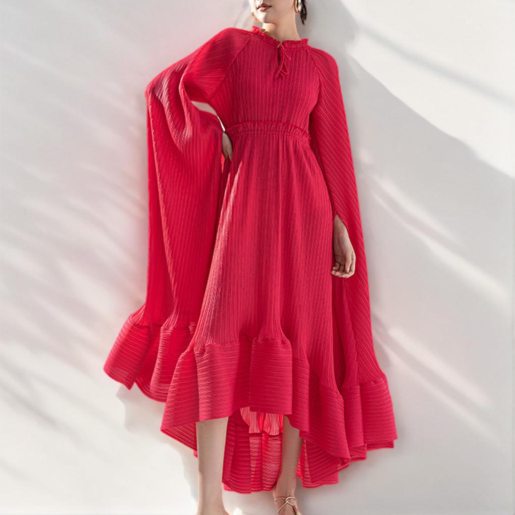 

2024 Elegant Pleated Dress for Women - Euro-American Style, Modest Design with Full Swing Skirt One Size рожевий червоний колір