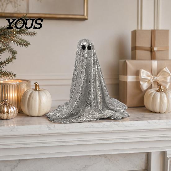 Decorative Ghost Sculpture Halloween Decoration, Outdoor Shiny Figurine with Sequin Cloth, Light Collectible Up Spooky for Parties, Lawn, Porch Decor