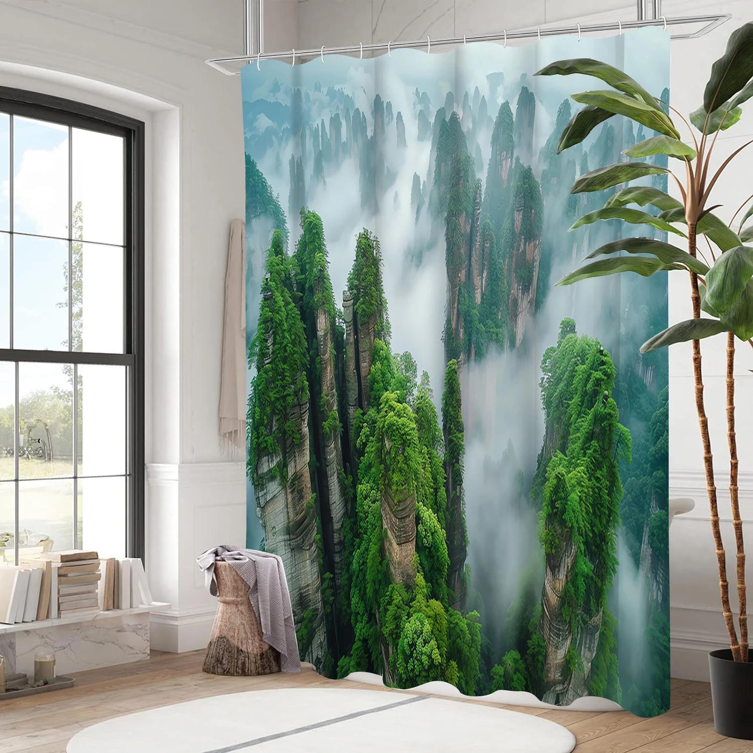 

Misty Mountain Pattern Bathing Curtain Bathroom Shower Curtain Waterproof With 12 Hooks Home Deco W90xH180cm