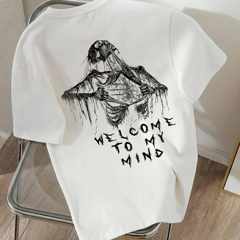 Cool Skull "WELCOME To MY MIND" Letter Print, Women's Round Neck Short Sleeve T-Shirt, Women's Athletic T-Shirt, Suitable for Daily Wear