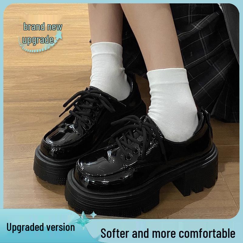 Women's 2024 Black Patent Leather Round Toe Lace-Up Shoes - British Style, Thick Sole, Mid-Heel for Autumn