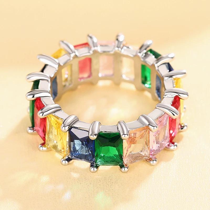 Huitan Rectangular Colorful CZ Promise Rings for Women Luxury Gold Color/CopperColor Wedding Accessories Rainbow Rings Jewelry