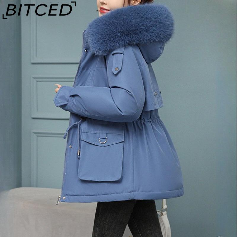 BITCED Women's Fleece-Lined Thickened Puffer Coat - Short Winter Style with Large Fur Collar, Slim-Fit and Flattering Cotton-Blend Outerwear