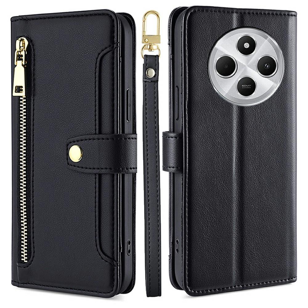 Leather Case for Xiaomi Redmi 14C 4G/14R 5G/Poco C75 4G/A4 5G Zipper Pocket Wallet Phone Cover with 2 Straps