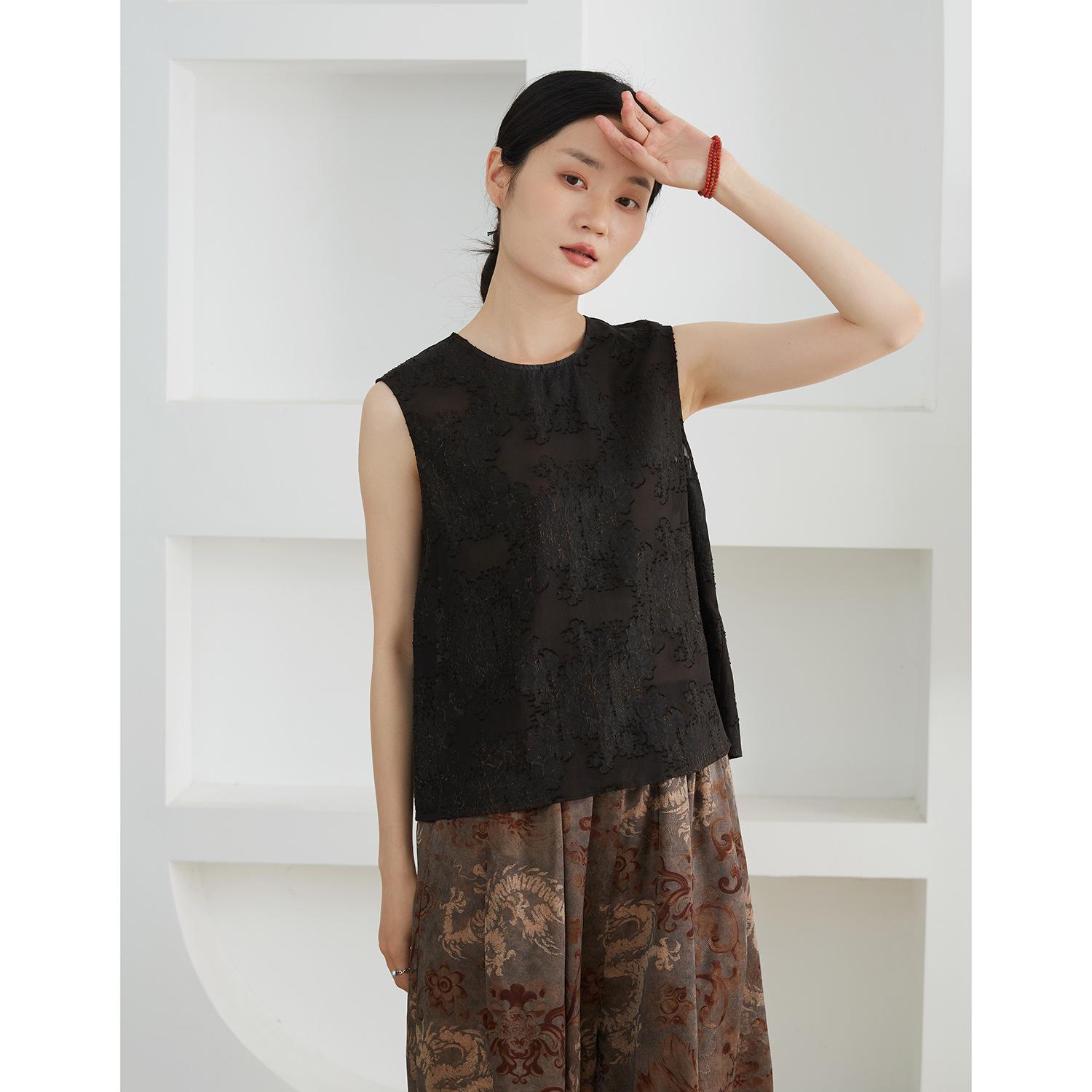 Women s Chinese Style Silk Vest - 100% Mulberry Silk, Sleeveless, Round Neck, Slightly Sheer M эбеновый