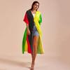 Chic Color Block Beach Cover-up Cardigan: Women's Rayon Vacation Bikini Swimsuit Long Robe