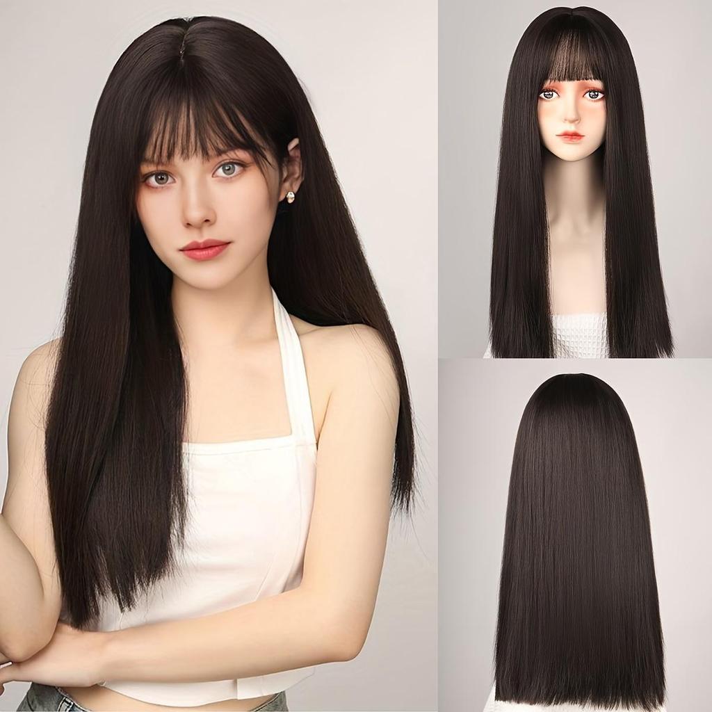 Elegant 26-Inch Long Straight Black Wig with Bangs for Women - Heat Resistant Synthetic Hair, High Density Matte Finish