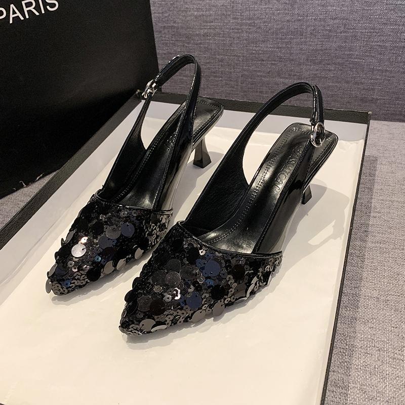 Fashion Women's Fashion Baotou Sandals Fall New Pointy Shallow Mouth Sequin Slingback Temperament High Heels