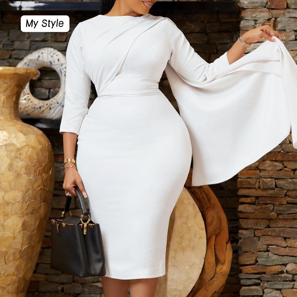 

Большой размер, женское летнее модное короткое платье с длинными рукавами, женское элегантное цельное однотонное платье-футляр
