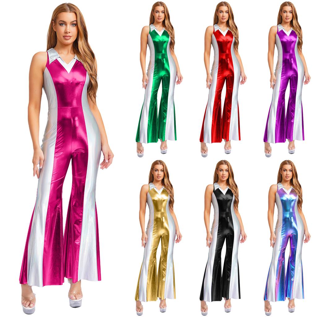 Womens Disco Jumpsuit 70s 80s Style Lapel V Neck Sleeveless Metallic Shiny Flared Pants Romper