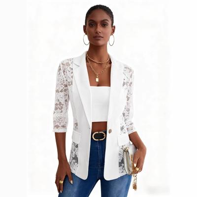 Damski Elegancki Blazer do Pracy z Koronkowym Rękawem, Klapowym Kołnierzem, Otwartym Przodem, Jednolity Kolor