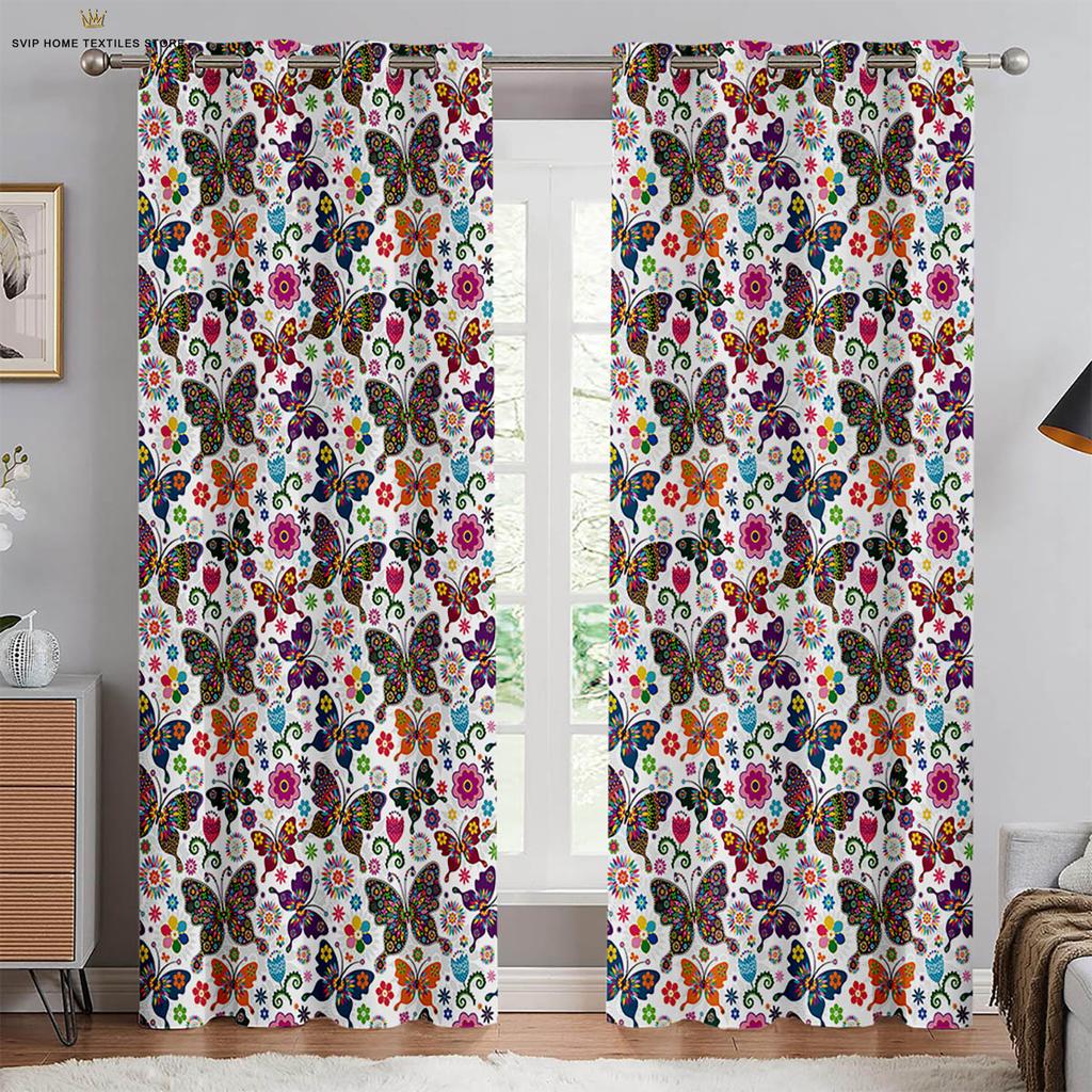 Butterfly Floral Watercolor Print Curtains, Decorative Curtains, Bedroom, Living Room, Study Room, Can Be Customized, 2 PCs