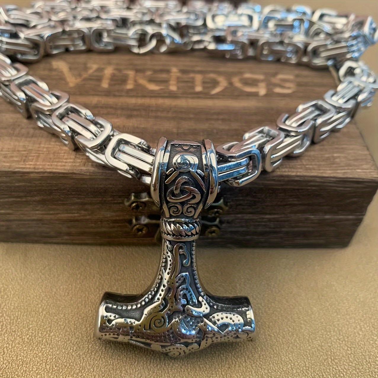 Men s Viking 201 Stainless Steel Thor s Hammer and Valkhnut Pendant Necklace - Exquisite Norse Mythology Design