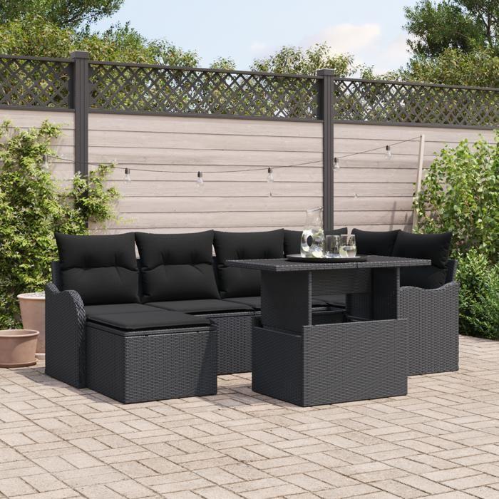 VidaXL Ensemble de Canapé de Jardin 7 Pièces avec Coussins Noir Poly Rattan 3348499