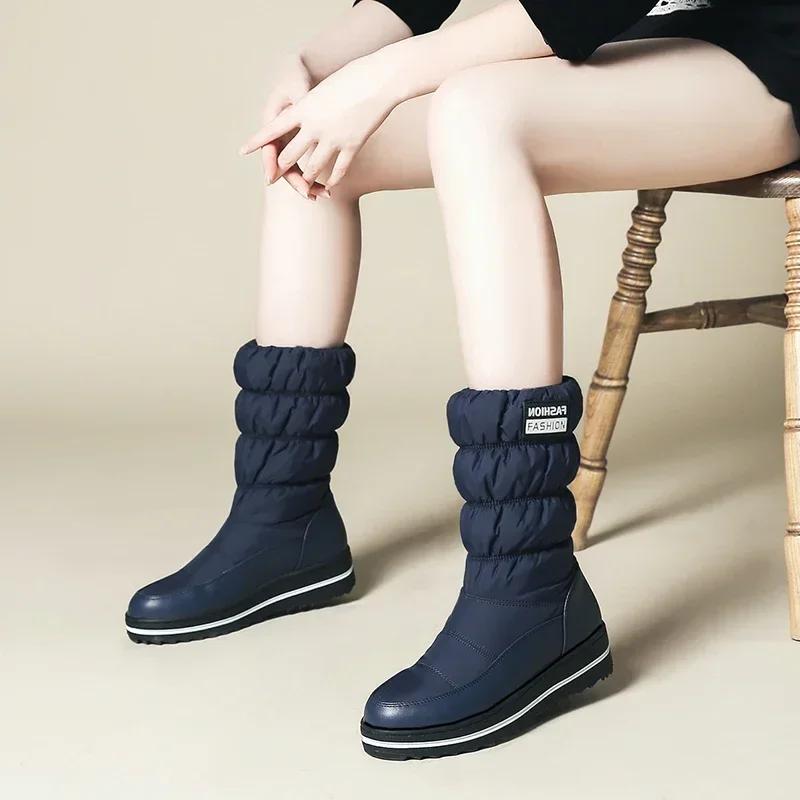 Plus Size Winter Mid-calf Snow Boots Women Warm Plush Blue Red Outdoor Lady Waterproof Wedge Platform Elastic Slip-on Half Boots