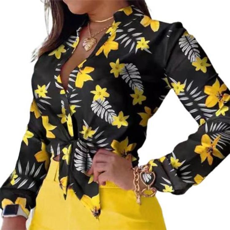 

Elegant Floral Print Blouse Stand Collar Long Sleeve Office Lady Shirt Buttons Down Single Breasted for Spring Summer L чорний