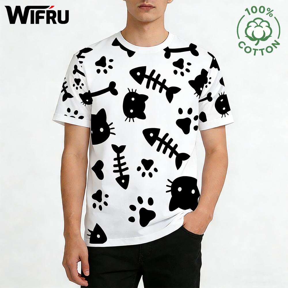 

Cute Cartoon Cat Graphic Cotton T-shirts Men Women Skin-friendly Pure Cotton Short Sleeve Tops Daily Home Casual Harajuku Tee S