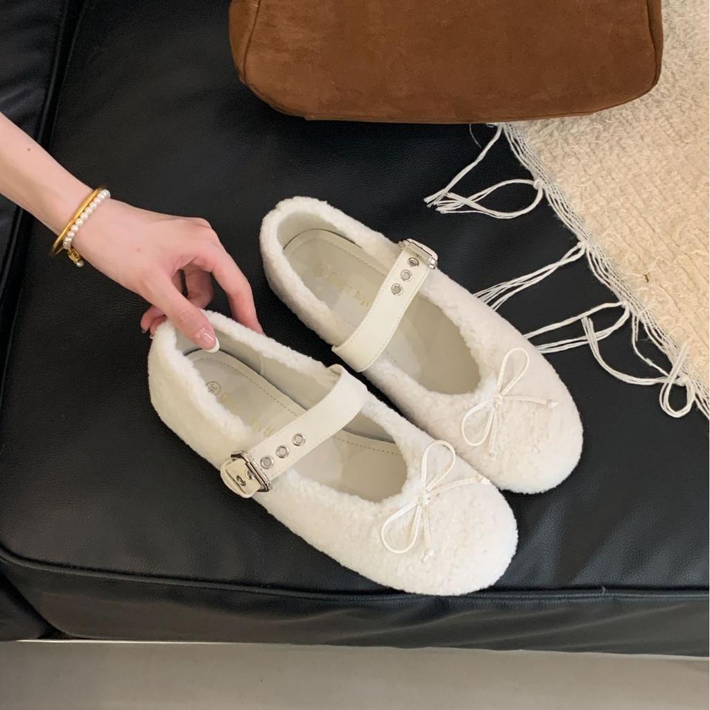 Fashion Shoes Woman 2025 Loafers Fur Autumn Low Heels Female Footwear Shallow Mouth Bow-Knot New Comfortable Winter Fall Dress  Shoes Wo