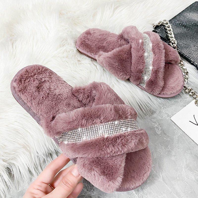 Rhinestone Strips Cross Flat Bottom Fluffy Slippers Women's Autumn and Winter Home Warm Cotton Slippers Comfortable