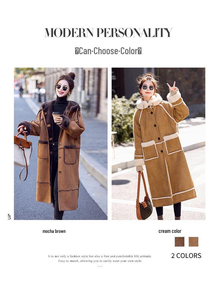 Women's Luxury Suede Lambswool Hooded Coat - Winter 2024 Thickened Cotton Jacket