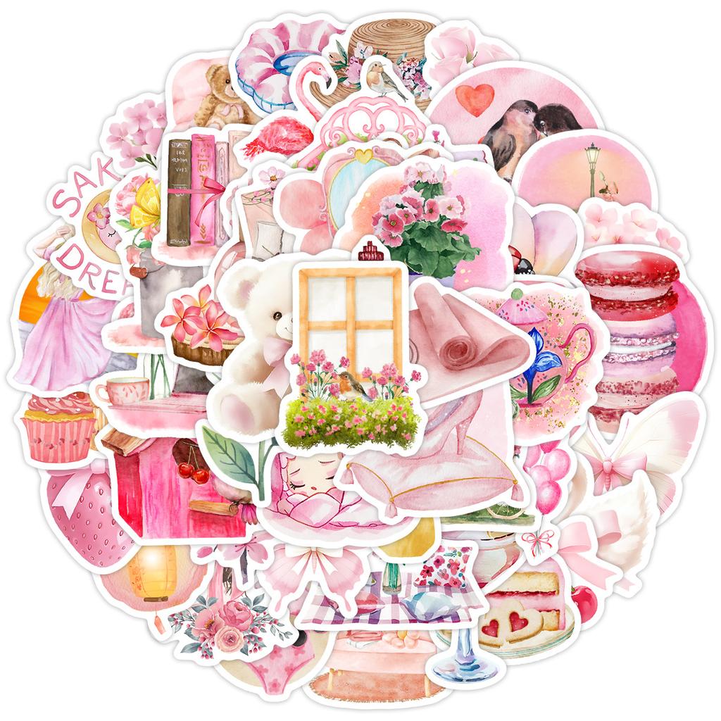 50 Watercolor Pink Series Graffiti Stickers Mobile Phone Computer Suitcase Waterproof Decorative Stickers DIY Stickers