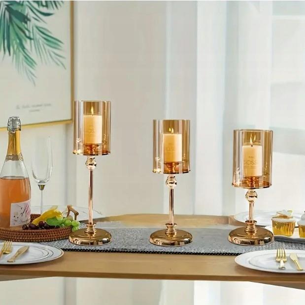 Elegantes Set aus 3 Stück goldener Glas-Kerzenhalter Kerzenhalter goldener