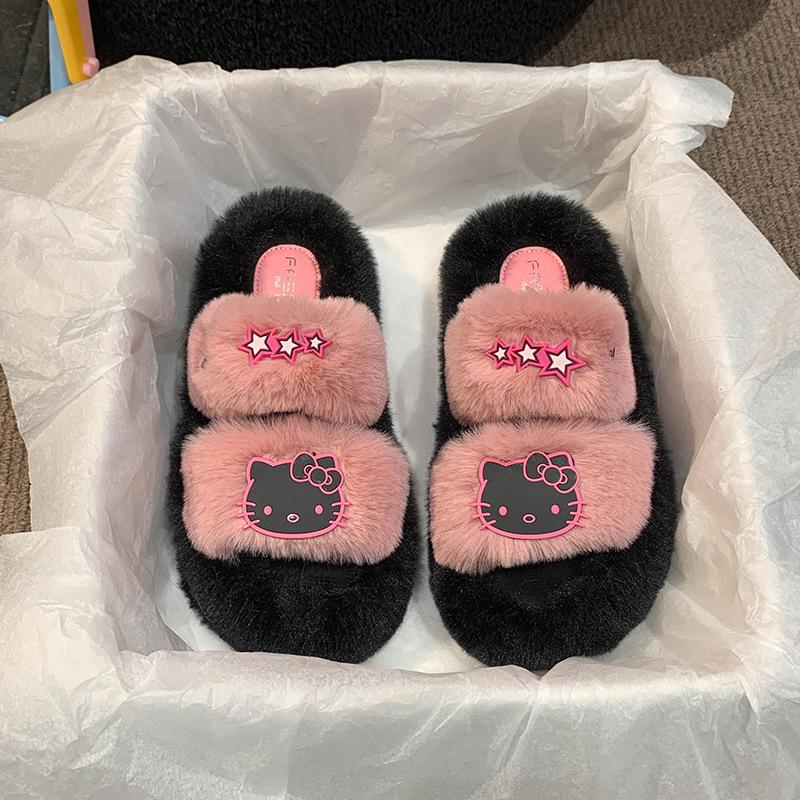 Internet Celebrities One Word Warm Thick Bottom Heightening Fluffy Slippers Women Wear 2025 New Autumn and Winter Super Fire Non-slip Cotton Slippers