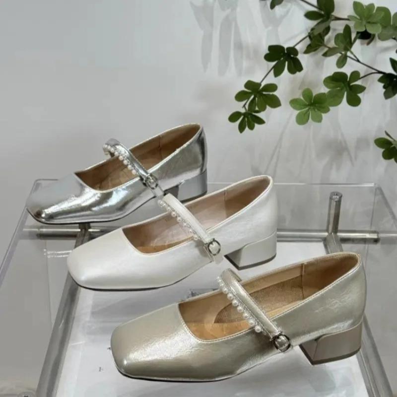 Fashion Beaded Mid-heel Single Shoes Autumn New Square Toe Shallow Mouth One-band Soft Sole Non-slip Block Heel Shoes